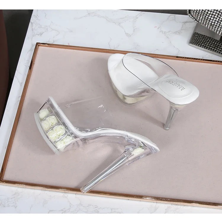 WHITE FLOWER CRYTAL CLEAR HEELS