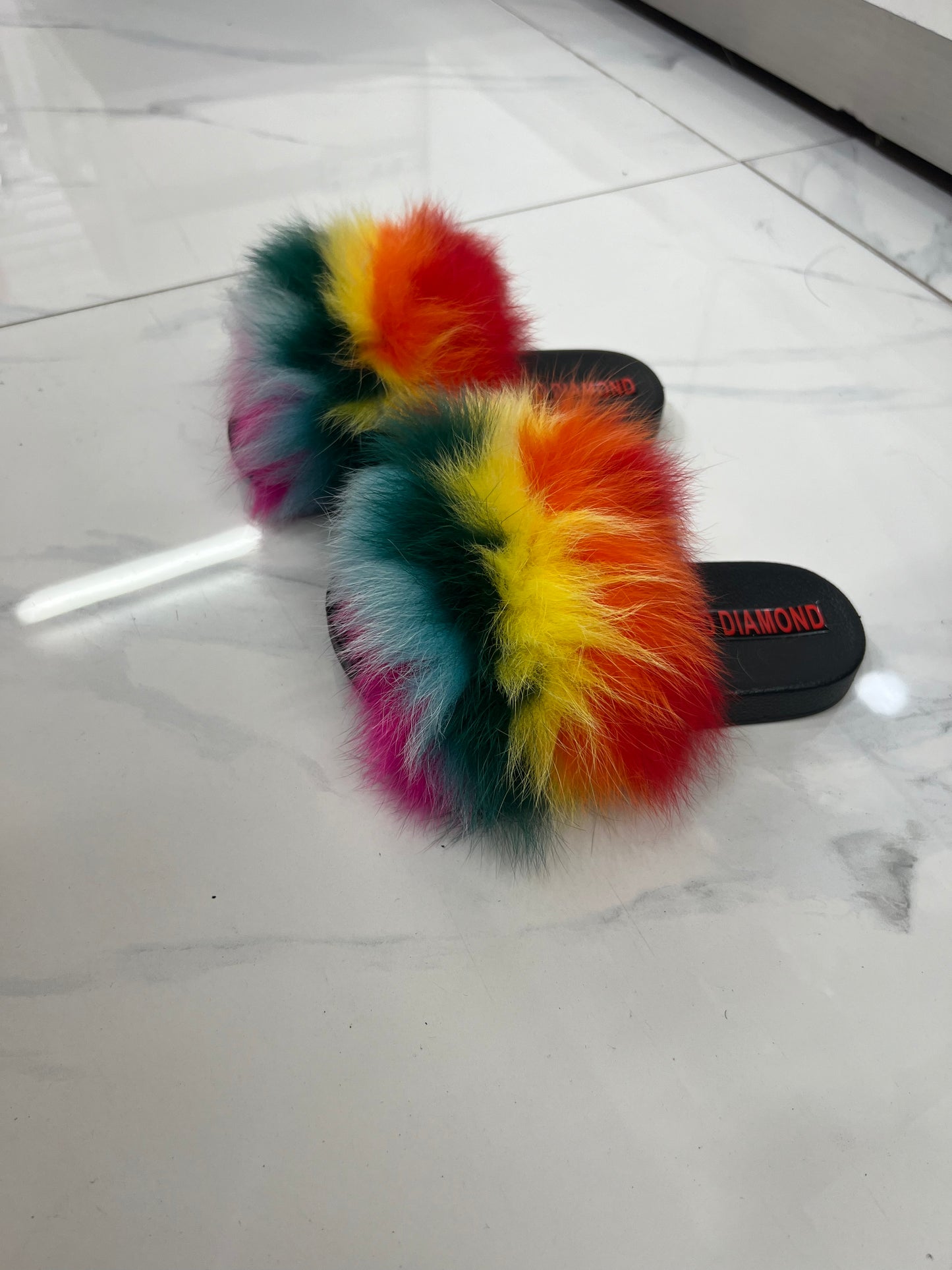 Kids faux fur slides rainbow