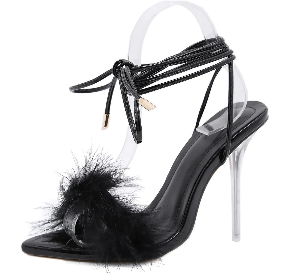 FEATHER ANKLE STRAP HIGH HEEELS
