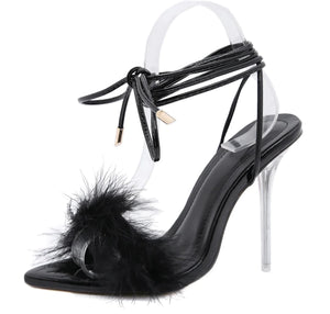 FEATHER ANKLE STRAP CRYTAL HIGH HEEELS