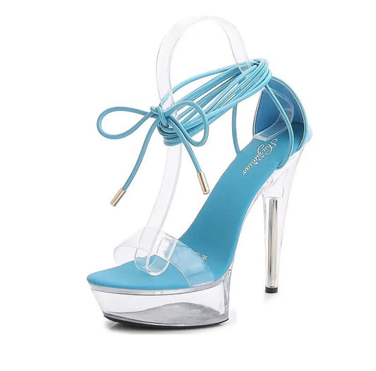 BLUE SLIM STRAP CLEAR HEELS