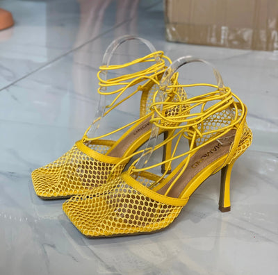 Mesh square lace-up high Yellow heels