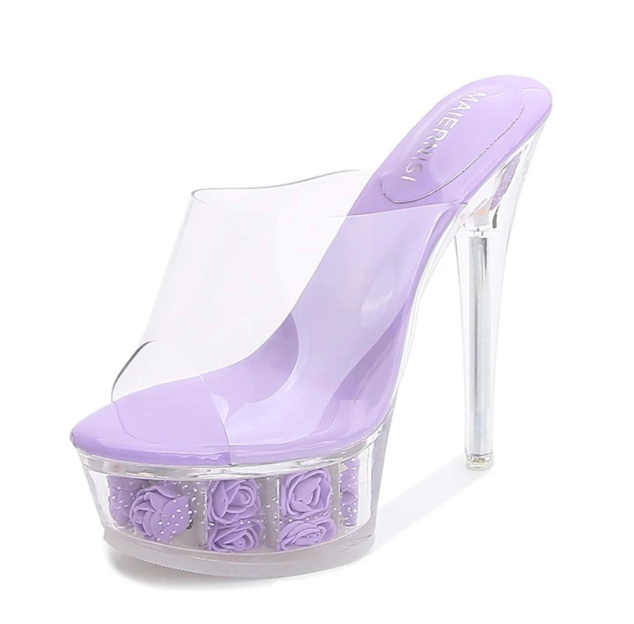 PURPLE FLOWER CRYTAL CLEAR HEELS