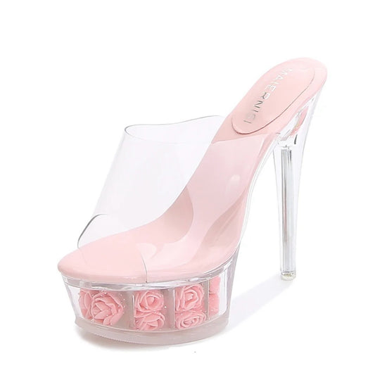 PINK FLOWER CRYTAL CLEAR HEELS
