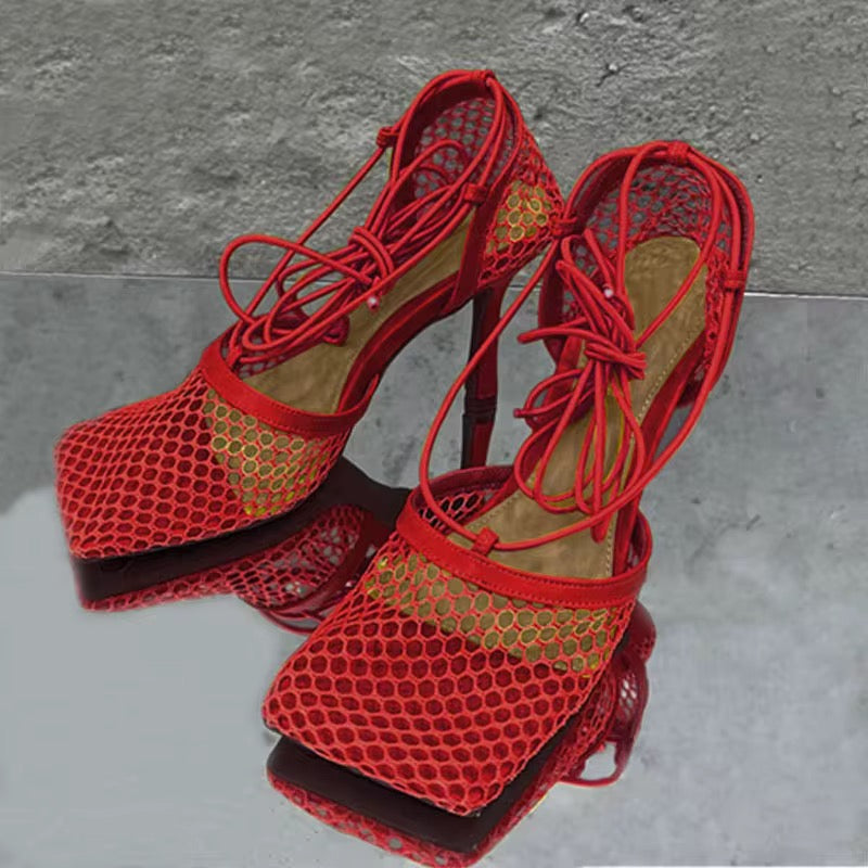 Mesh square lace-up high red heels
