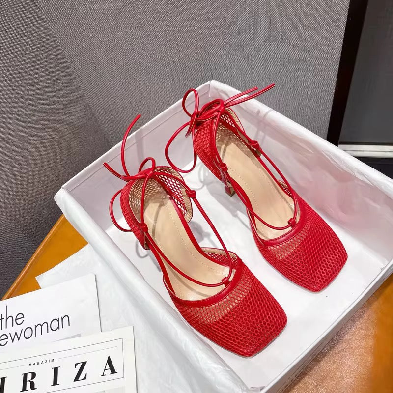 Mesh square lace-up high red heels