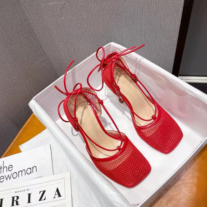 Mesh square lace-up high red heels