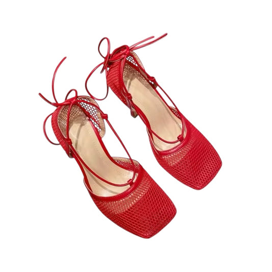 Mesh square lace-up high red heels
