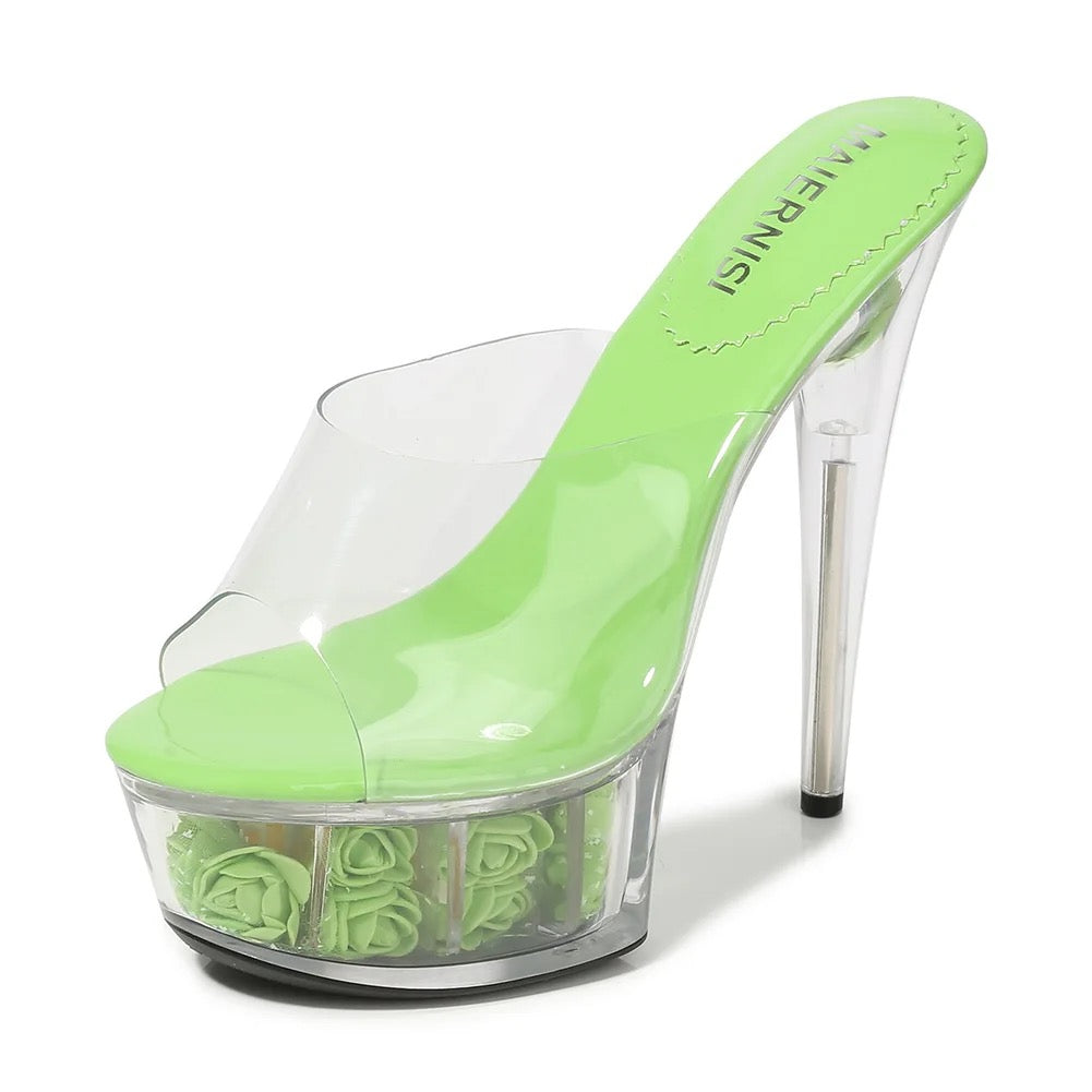 GREEN FLOWER CRYTAL CLEAR HEELS