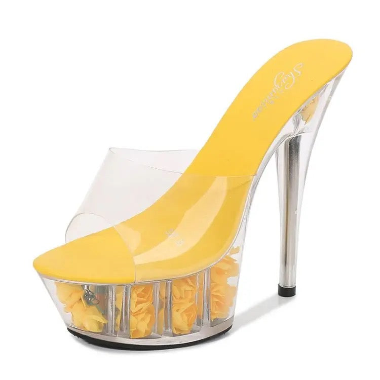 YELLOW FLOWER CRYTAL CLEAR HEELS