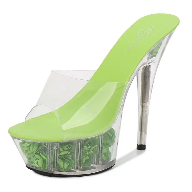 GREEN FLOWER CRYTAL CLEAR HEELS