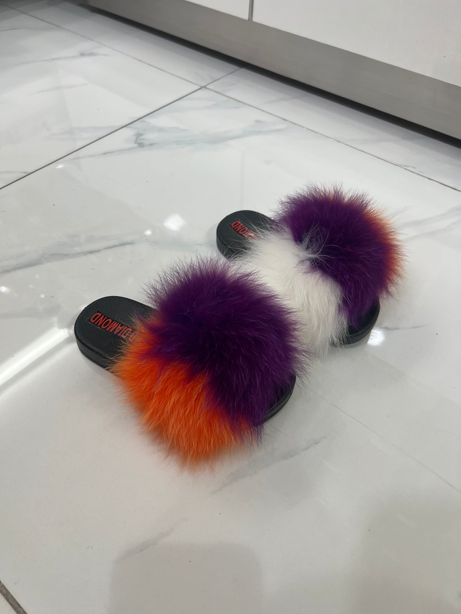 Kids faux fur slides white-purple-orange