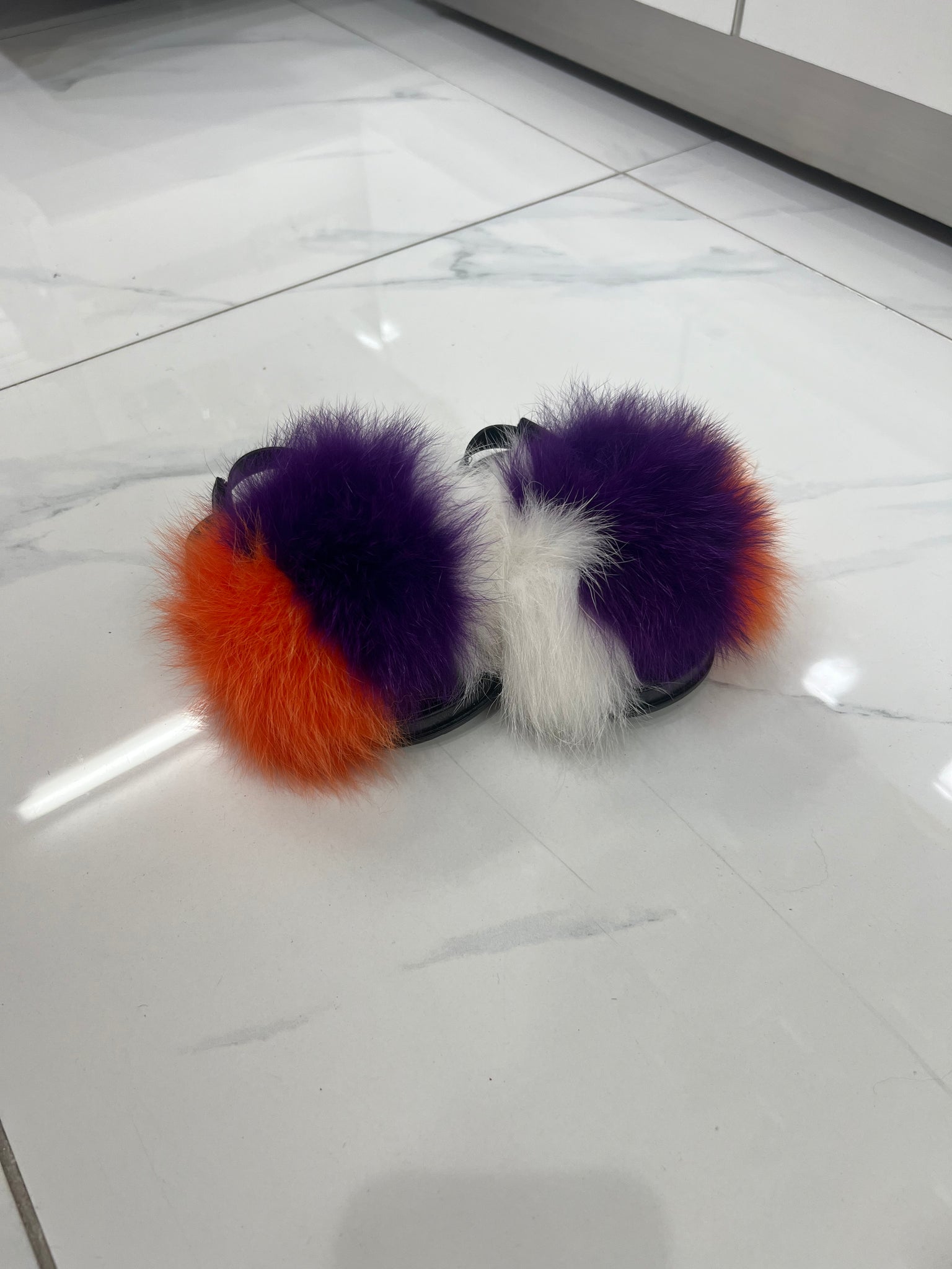Toddler faux fur slides white-purple-orange