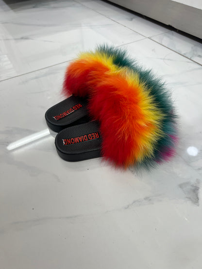 Kids faux fur slides rainbow