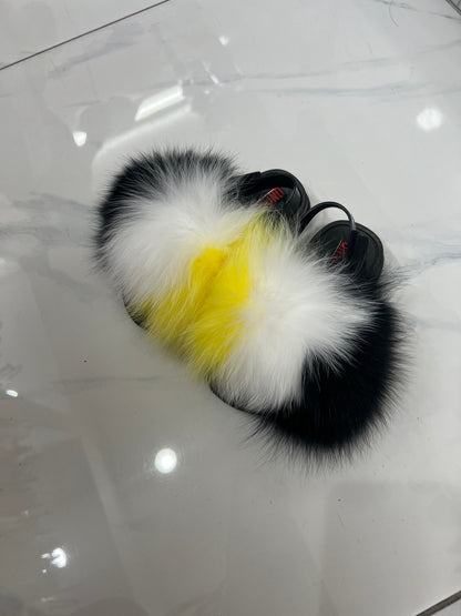 Toddler faux fur slides white-yellow-black
