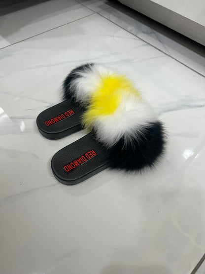 Kids faux fur slides white-yellow-black