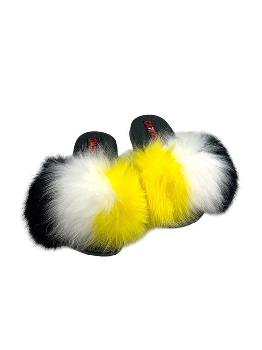 Kids faux fur slides white-yellow-black