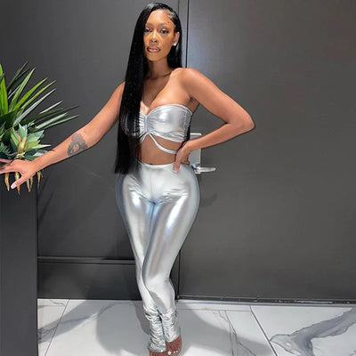 Sexy Strapless Crop Tops Pu Leather 2 Pc Pants Set
