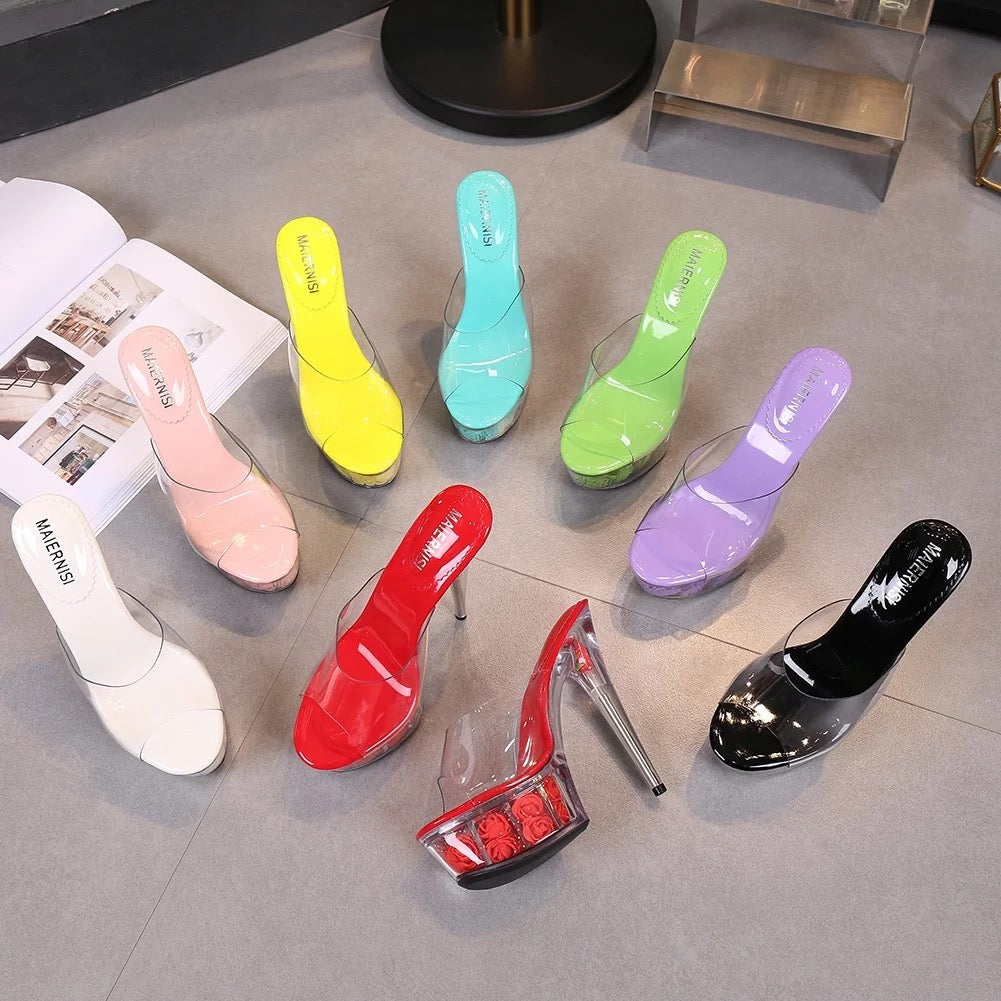 WHITE FLOWER CRYTAL CLEAR HEELS