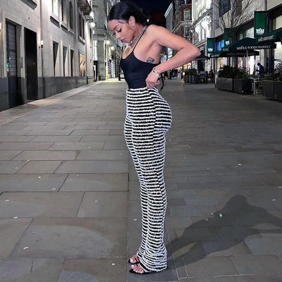 Casual Knitted High Waist Pants Slim Fit Cargo Straight Trousers