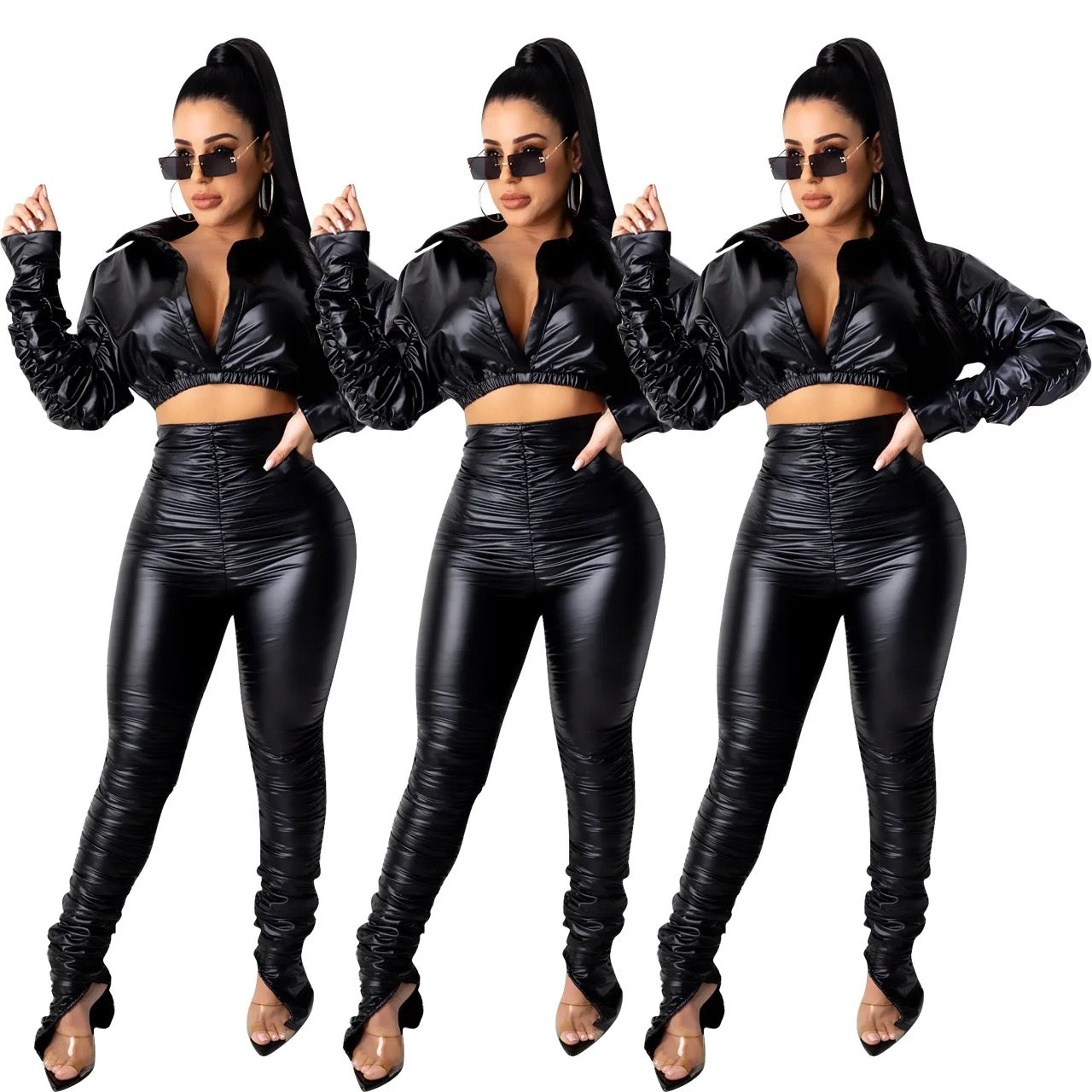 Leather long Sleeve Jacket High Waist Stacked Pants Two Piece