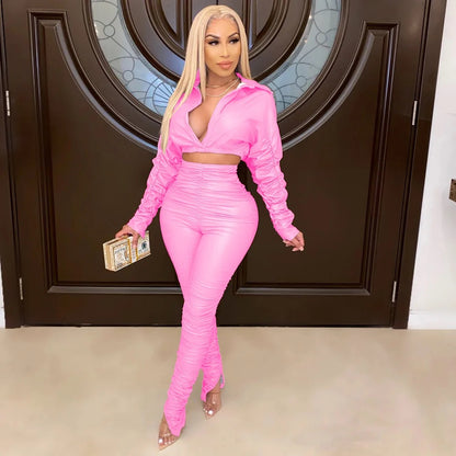 Leather long Sleeve Jacket High Waist Stacked Pants Two Piece