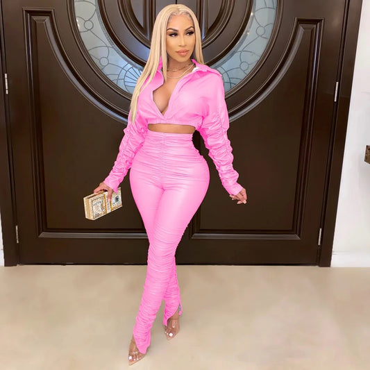 Leather long Sleeve Jacket High Waist Stacked Pants Two Piece