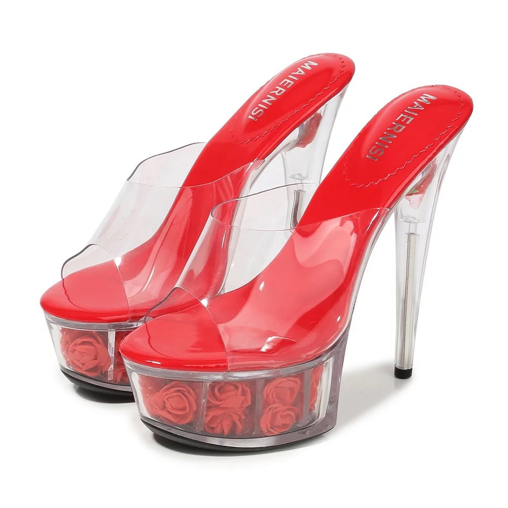 RED FLOWER CRYTAL CLEAR HEELS