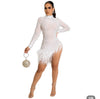 Tassel Sheer Mesh Long Sleeve Rhinestone Bodycon Mini Dress