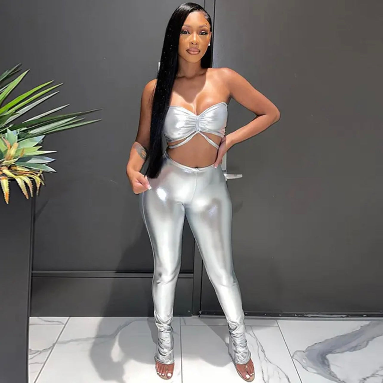 Sexy Strapless Crop Tops Pu Leather 2 Pc Pants Set