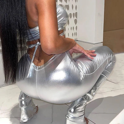 Sexy Strapless Crop Tops Pu Leather 2 Pc Pants Set