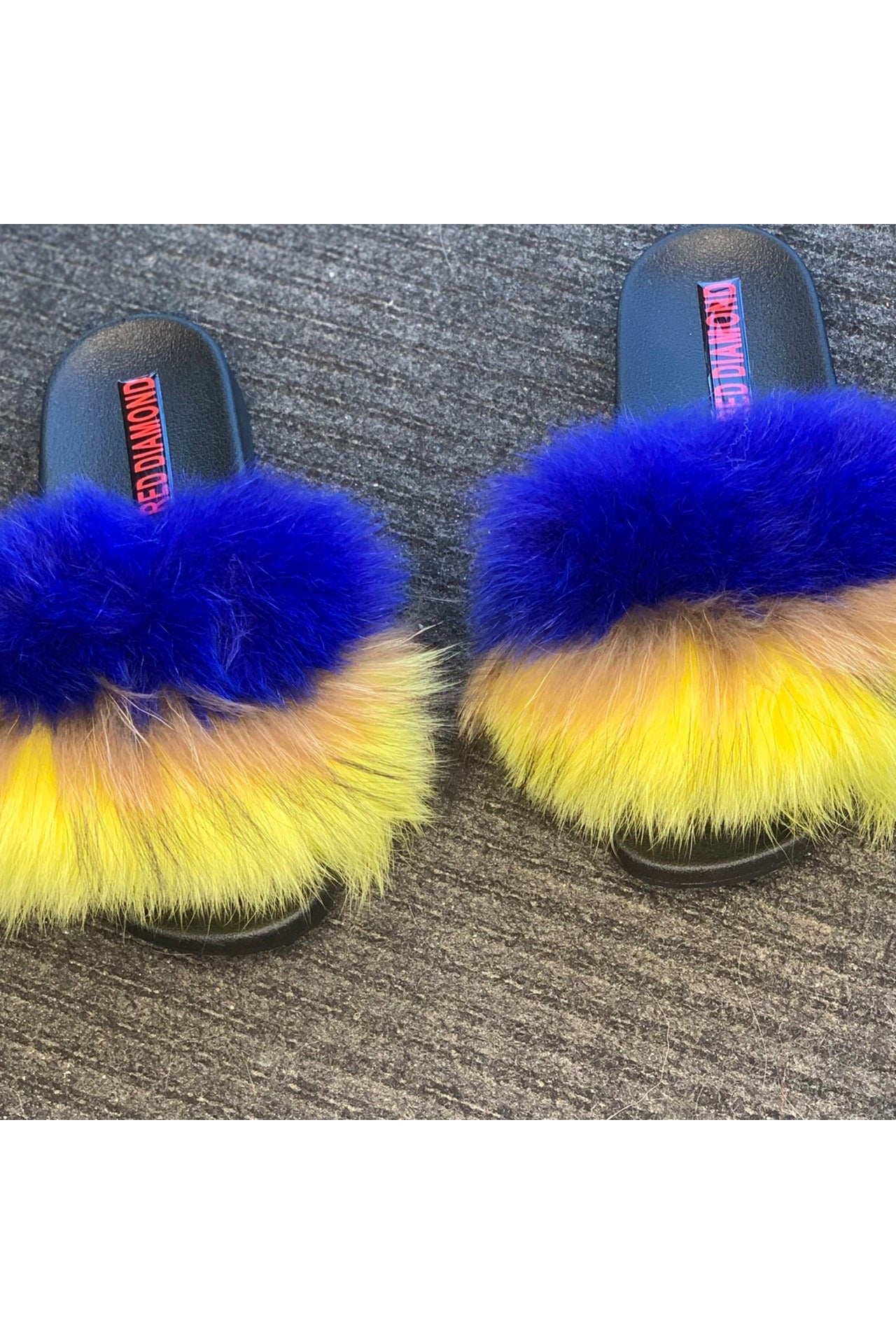 Blue yellow faux fur slides