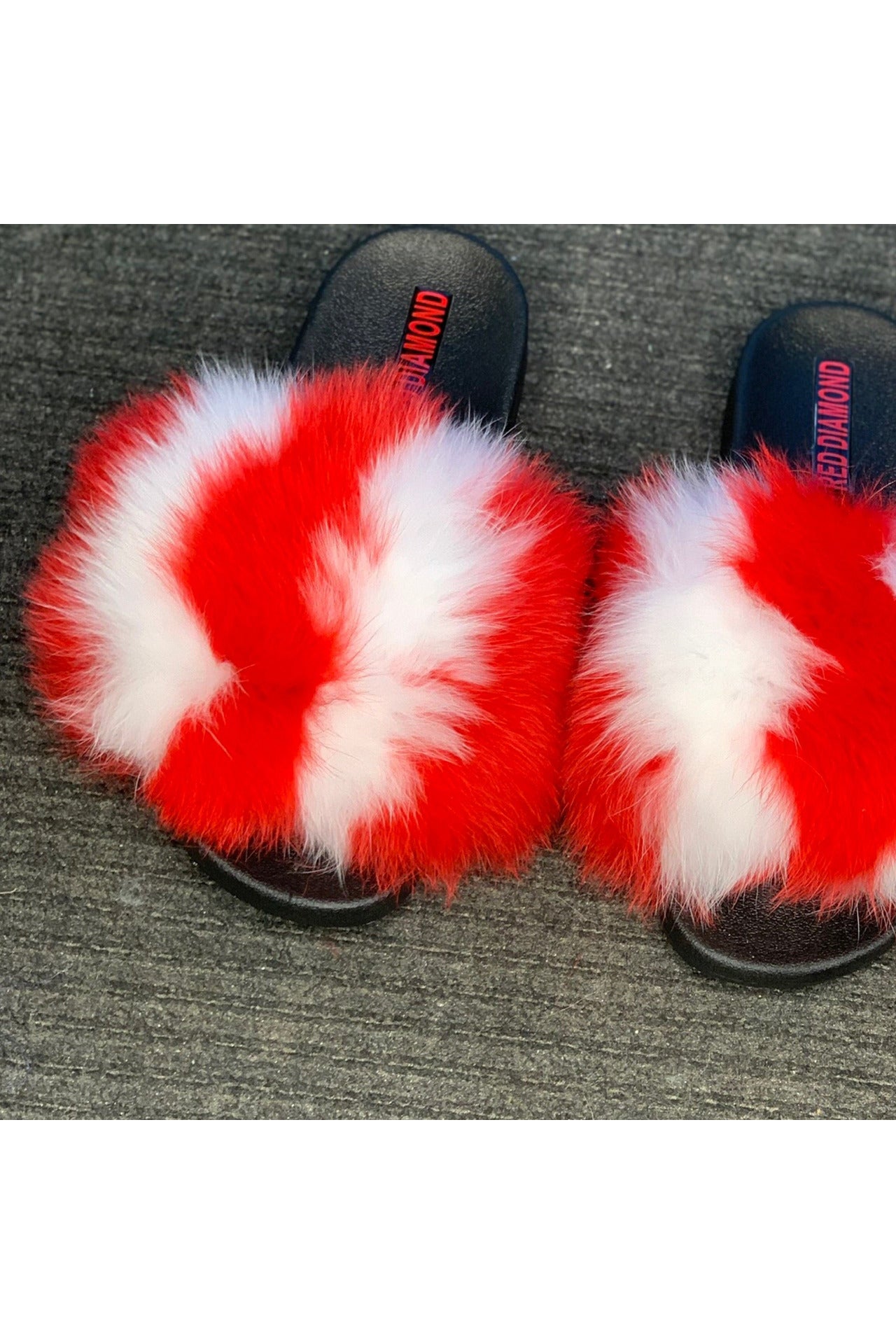 Candy red white faux fur slides
