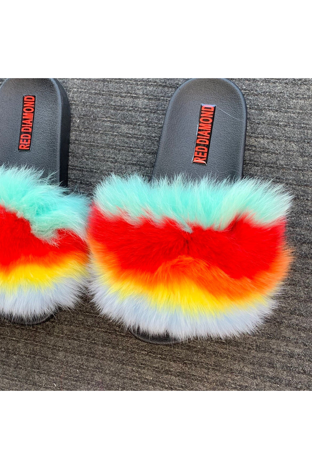 Light blue red yellow faux fur slides
