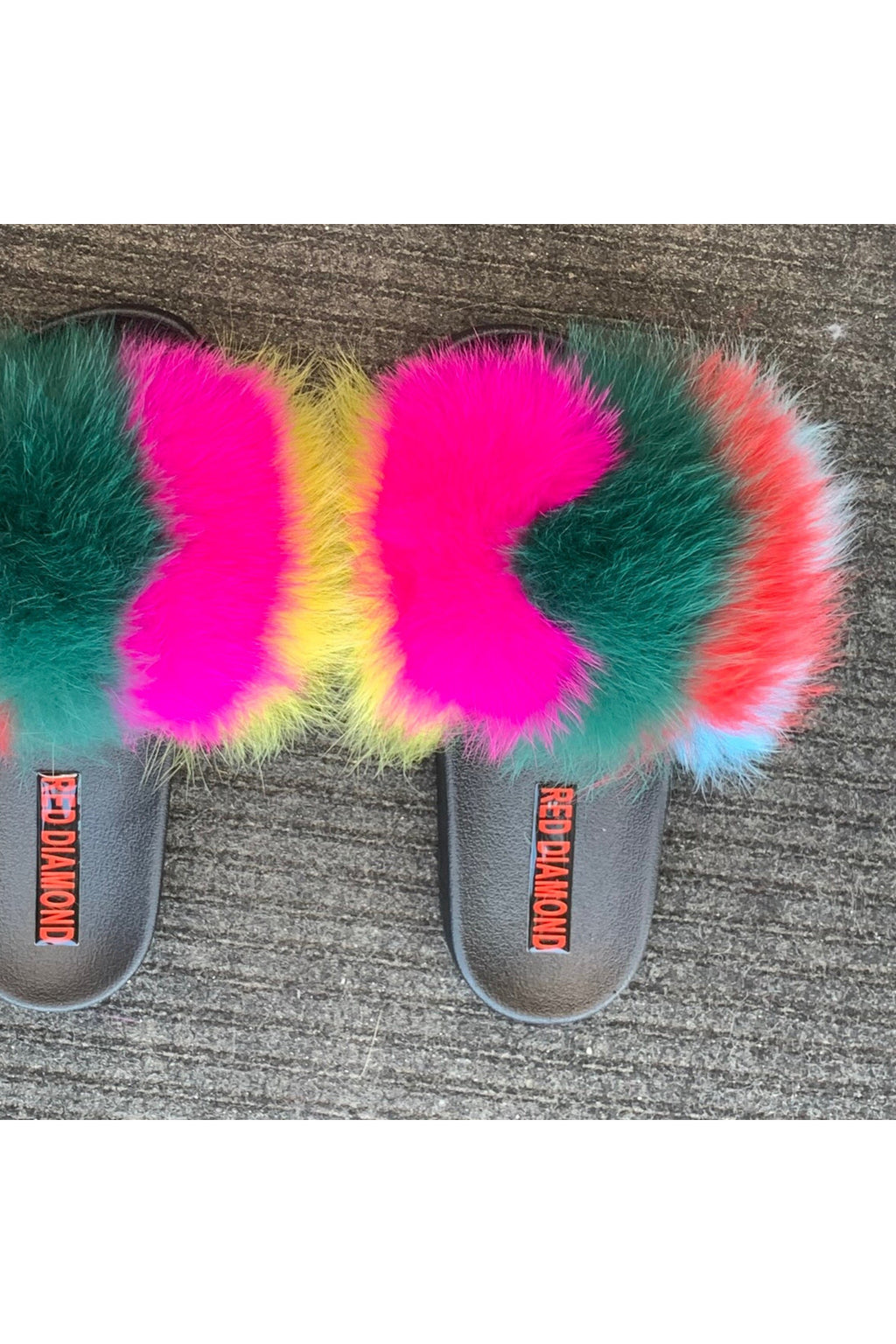 Yellow pink green faux fur slides
