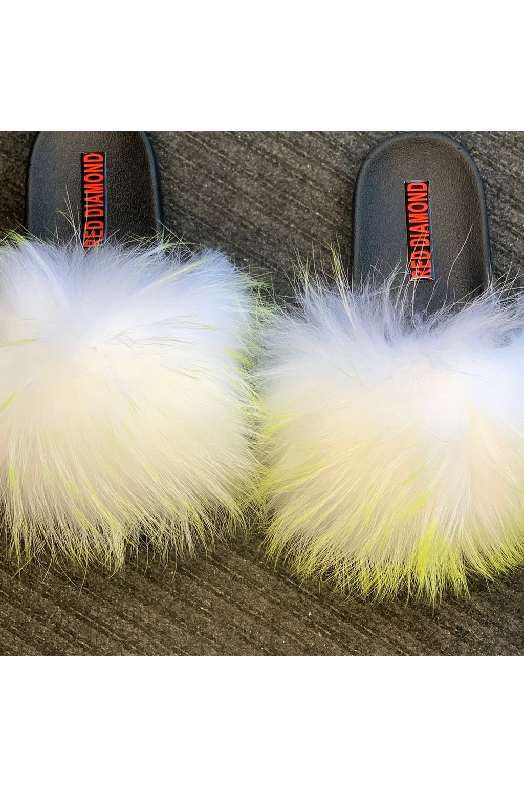 Yellow white faux fur slides