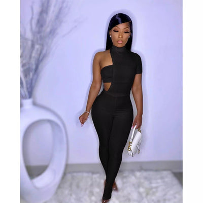 one Shoulder Rib Knit Bodysuit Leggings Pants Set