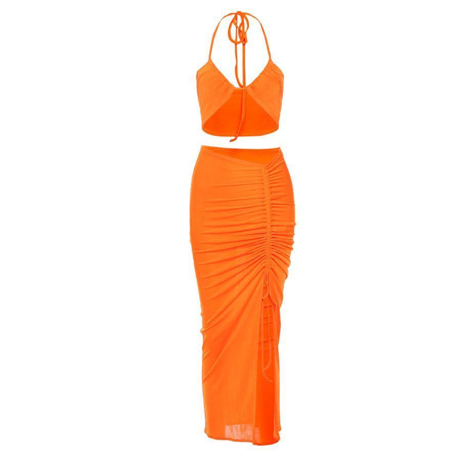 Lace Up Tank Top Slim Long Skirt  Set