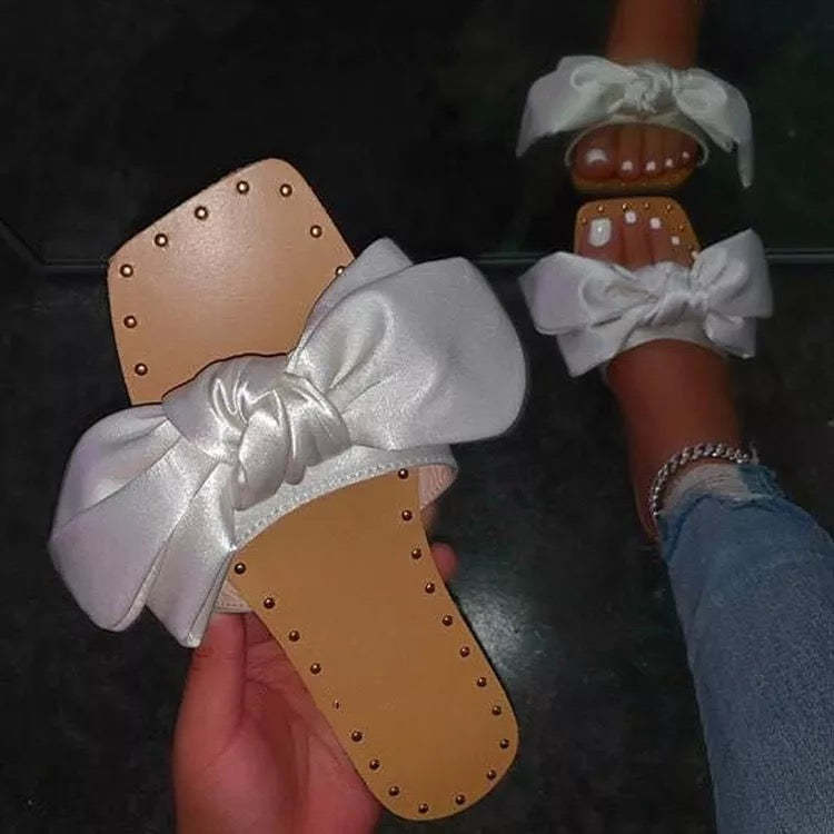 Bow slippers flat sand sandals white