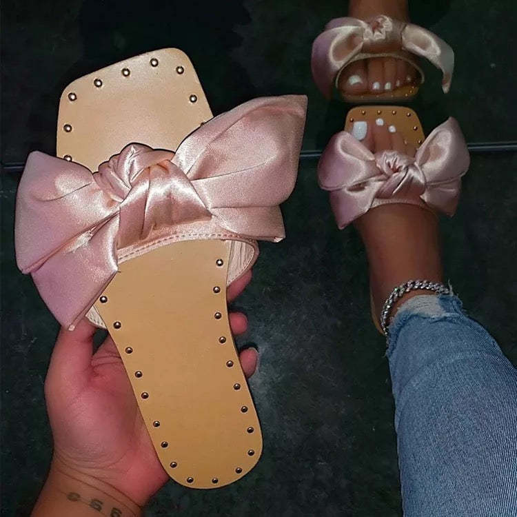 Bow slippers flat sand sandals rose pink