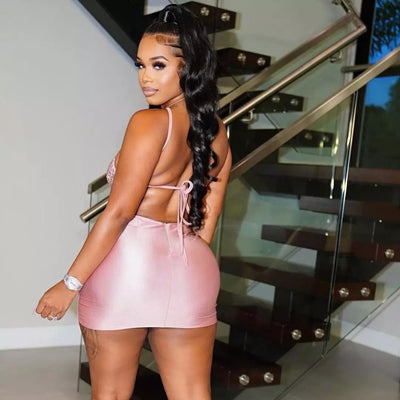 Shiny See Through Mesh Diamond Pink Mini Dress