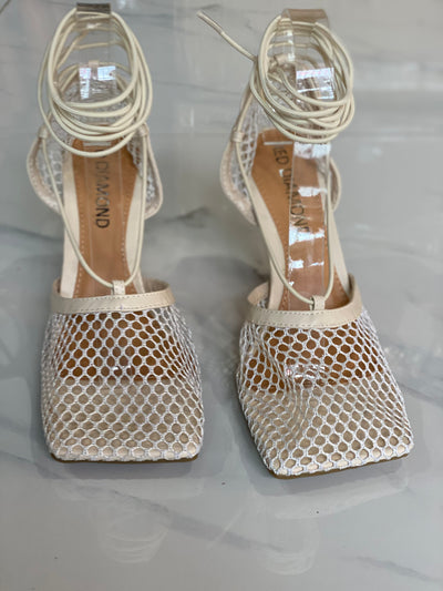 Mesh square lace-up high heels