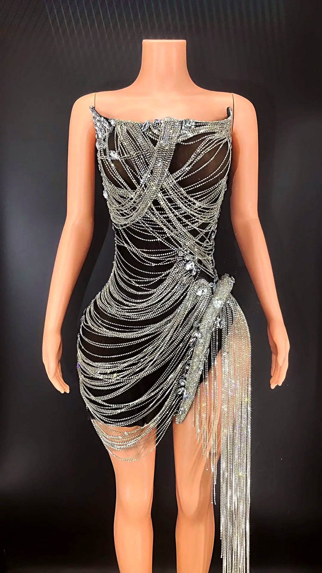 Slip Rhinestone Tassel Mini Dress