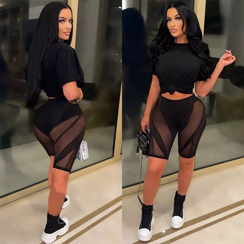 Short Sleeve Crop Top And Mesh Shorts Bodycon Two Piece Sets