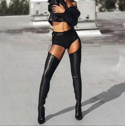 Waterproof Leather Over Knee Thigh High Boots Black