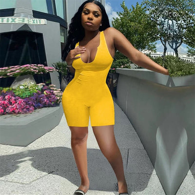 V Neck Ribbed Sports Vest Shorts Jumpsuit