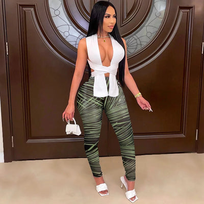 Halter tank Tops Printed High Waist Leggings Sets