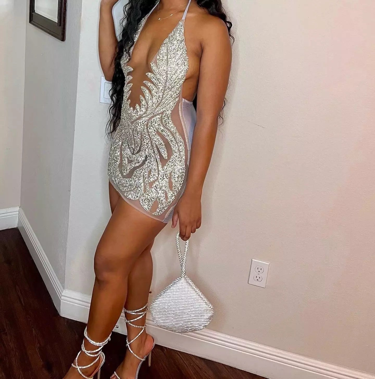 Shiny See Through Mesh Diamond Green Mini Dress