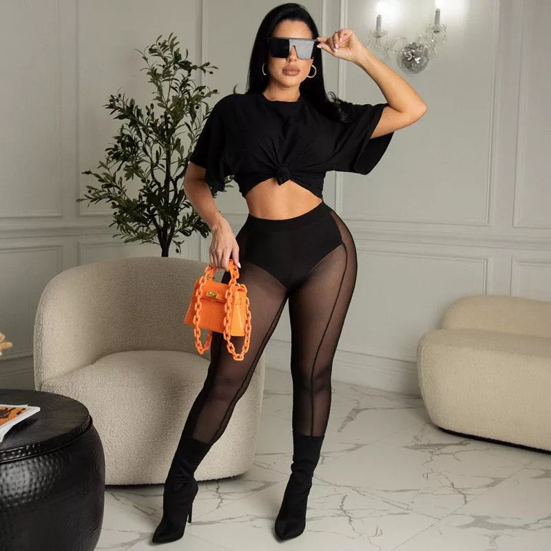 Two Piece  See Through Mesh Tops High Waist Leggings Set