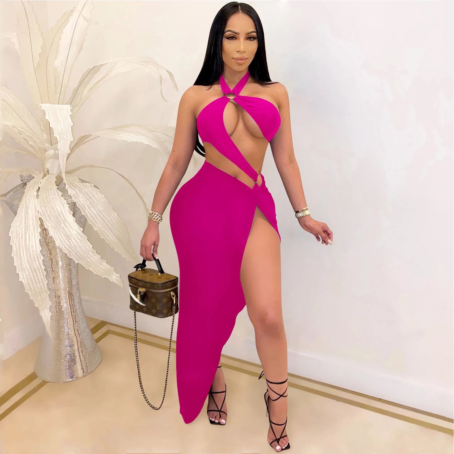 Sexy Halter High Split Two Piece Long Skirt Set